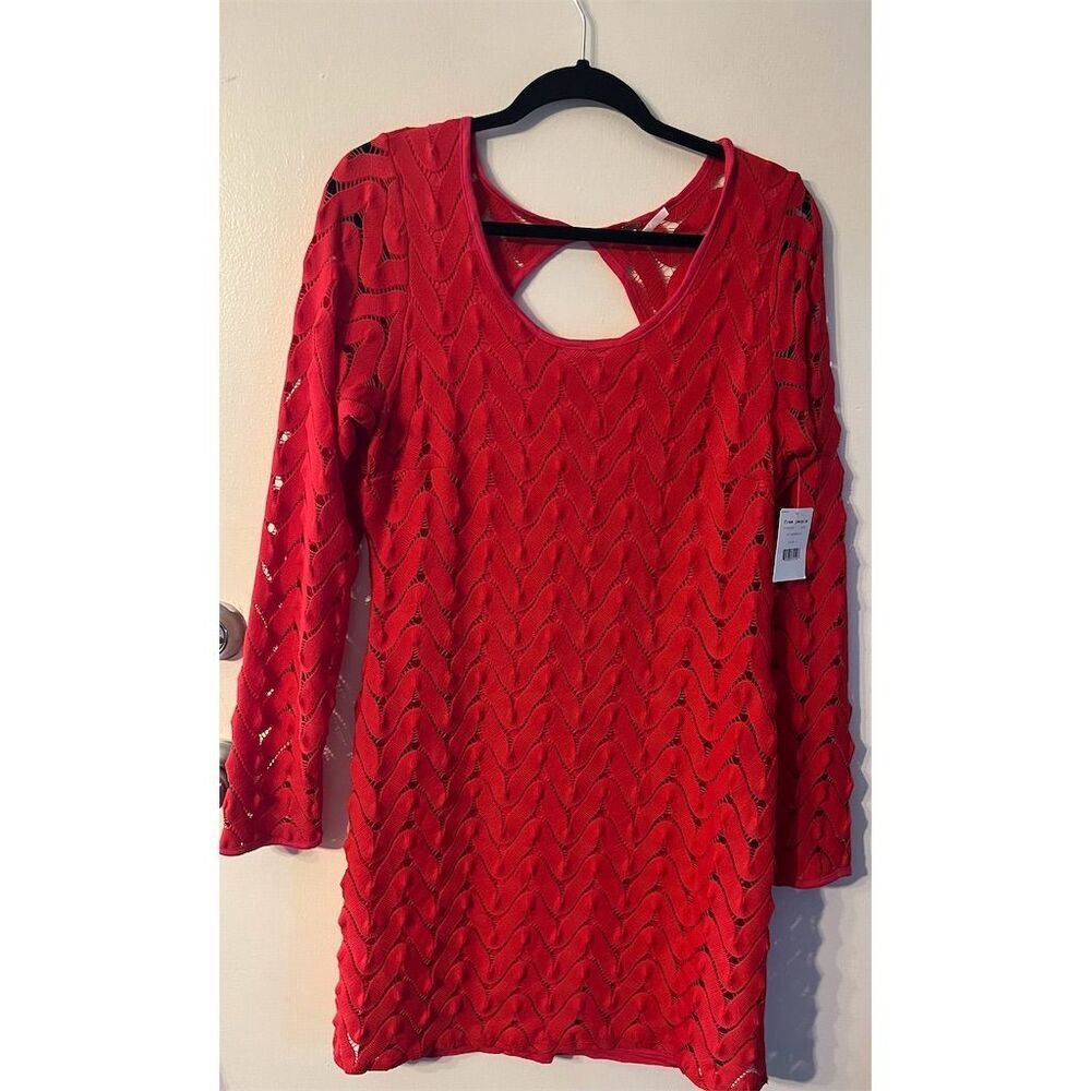 Free People Wild Thing Red Crochet Eyelet Long Sleeve Dress Size L NWT - Picture 3 of 9